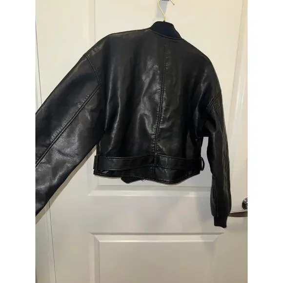 Zara Faux Leather Cropped Bomber Jacket Women Black Belted Moto Style - Picture 14 of 17